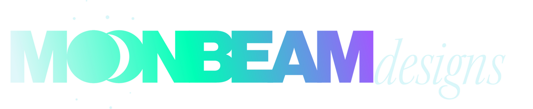 Moonbeam Designs, LLC logo with white to teal to blue to purple gradient and moon star design within the typography where the oo in moon appears.